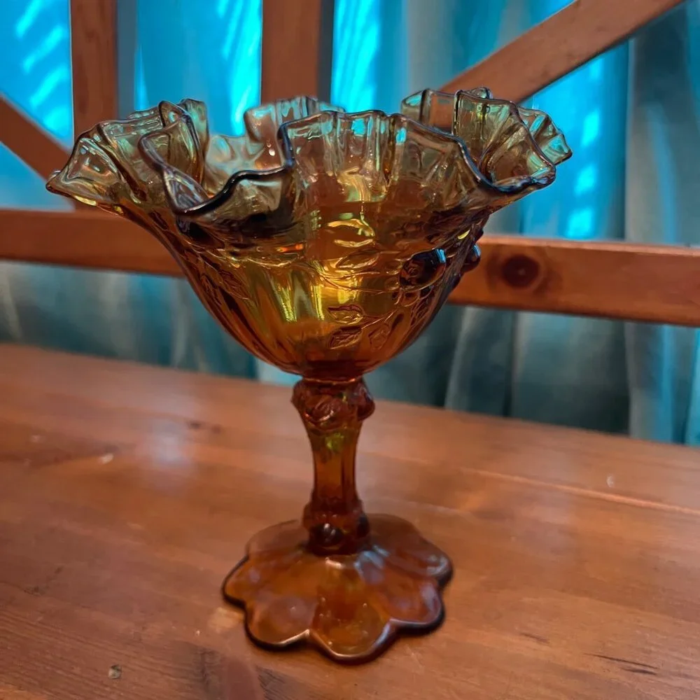 Fenton Glass Cherry Blossom Honey Amber Ruffled Pedestal Candy Dish Compote - Picture 7 of 7